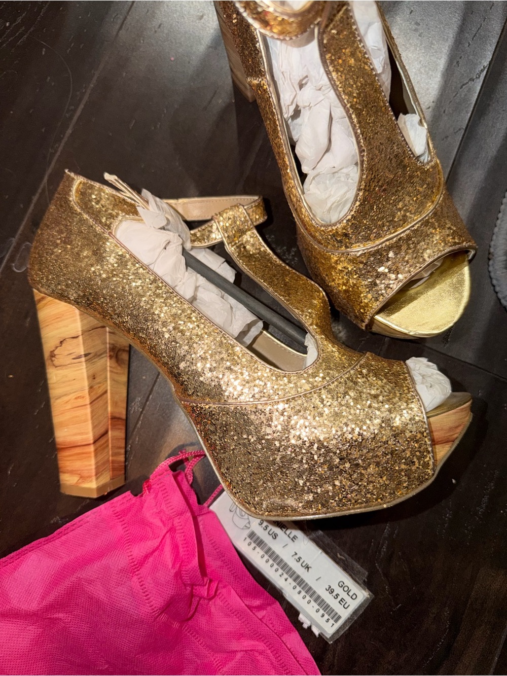 Shoe Dazzle Danielle Gold Glitter Platform Peep-Toe T-Strap Heels